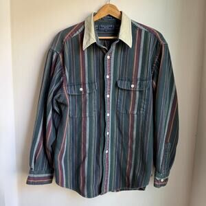 Thornton Bay Cotton Striped Button Down Shirt Corduroy Collar L